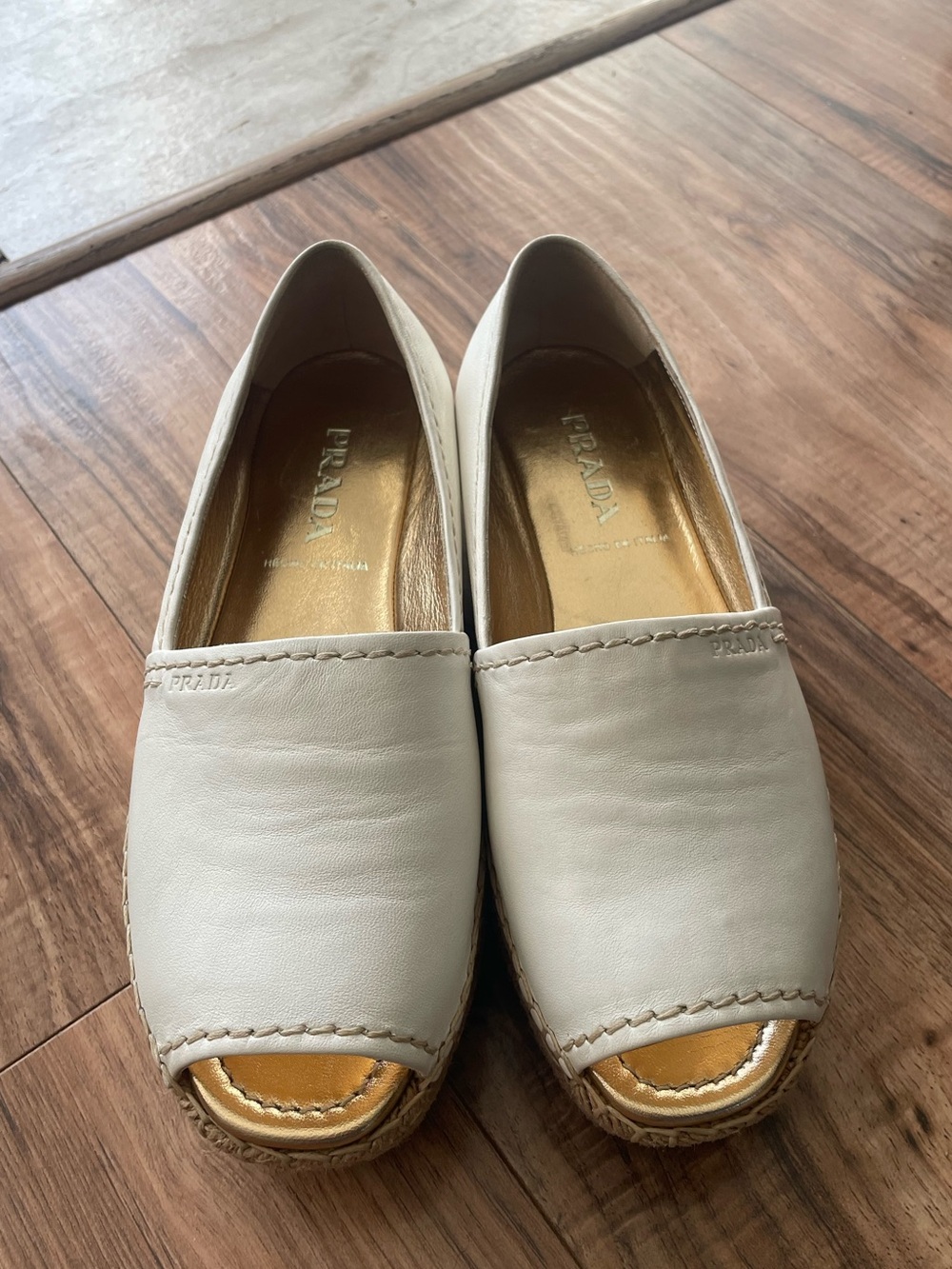 Prada Cream Leather Espadrille Peep-Toe Slip-Ons never worn